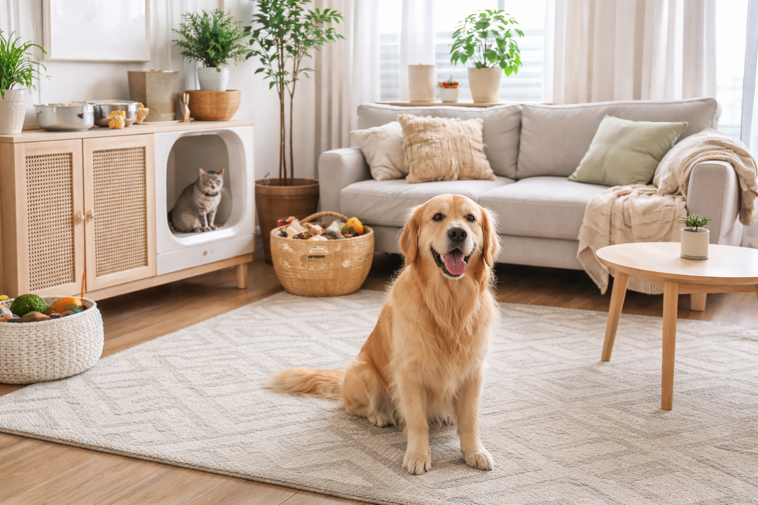 small apartment living room with dog and cat showing a clean pet-friendly home environment and odor control setup