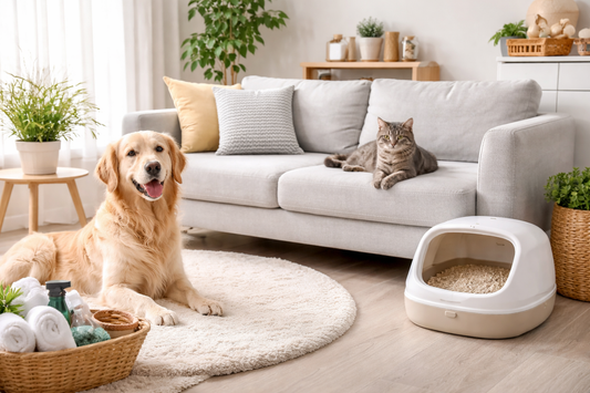 clean small apartment living room with dog and cat showing pet odor control setup