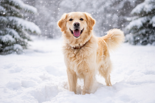 Dog standing on snow in winter, illustrating cold weather conditions that can cause dry, itchy paws