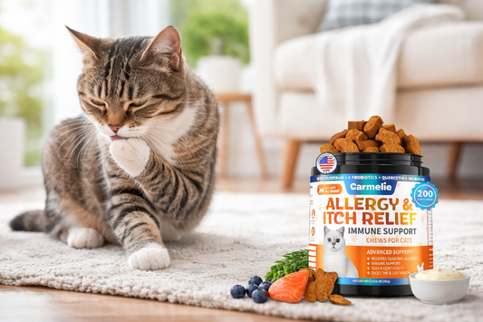 Tabby cat licking its paw on a light rug in a bright living room, with omega-3 and probiotic allergy relief chews placed nearby for skin and immune support.