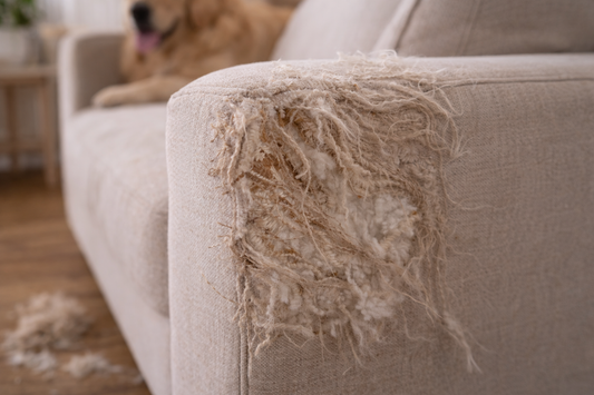 Close-up of a beige fabric sofa armrest with severe claw damage and frayed upholstery, with a blurred dog in the background.
