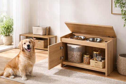 Compact wooden pet feeding station with elevated stainless steel bowls and built-in food storage cabinet placed in a bright small apartment living space, with a golden retriever sitting beside it