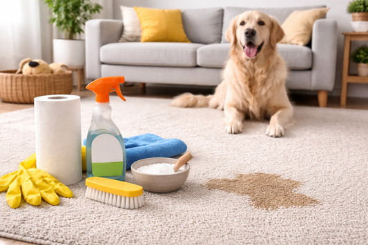 Dog sitting on a light-colored carpet in a small apartment living room with cleaning supplies and a pet urine stain visible on the floor.