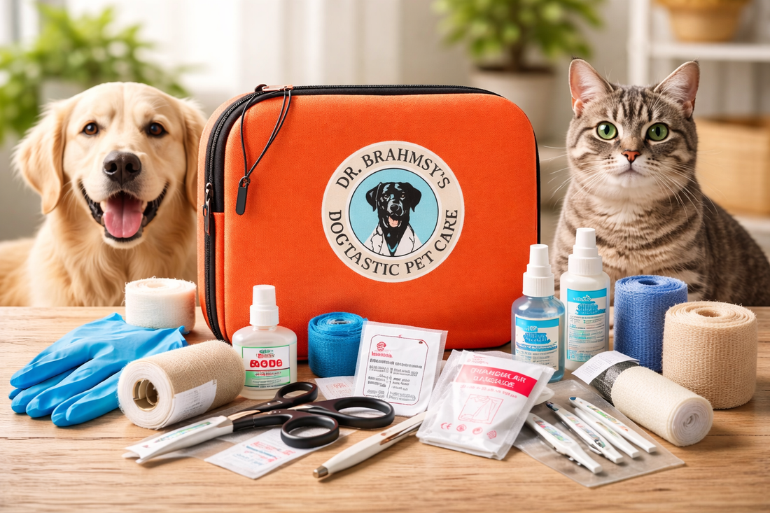pet first aid kit with emergency supplies for dogs and cats on a table