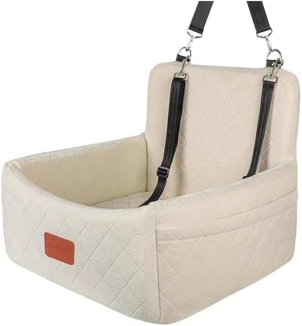 Dog Car Seat for Under 30lbs Dogs,Comfy Febric Fill in Memory Foam,Washable and Detachable Pet Travel Car Bed,Anti-Slip Bottom,2 Safety Leashes & Storage Pockets(Beige)