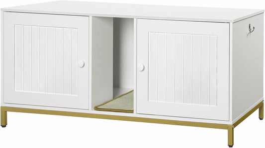 HOOBRO 44" Cat Litter Box Enclosure for 2 Cats, Double Cat Litter Box Furniture Hidden, TV Stand Litter Box Enclosure with Cat Scratching Mat, Cat House, Cat Washroom Cabinet, White, Gold DW20MW01