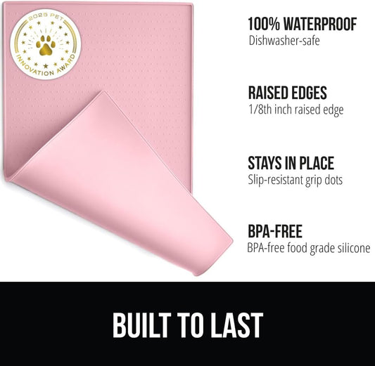 GORILLA GRIP 100% Waterproof Raised Edge BPA Free Silicone Pet Feeding Mat, Dog Cat Food Mats Contain Spills Protects Floors, Placemats for Cats and Dogs Water Bowl, Pets Accessories 18.5x11.5 Pink