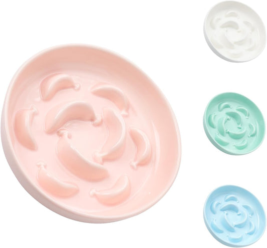 Ceramic Cat Slow Feeder Bowl - Pastel Series Cat Plate for Dry and Wet Food - Cute Maze Feeder Dish for Healthy Eating - Dishwasher Safe - 6.3''W x 1.2''H - 7 OZ - Light Pink