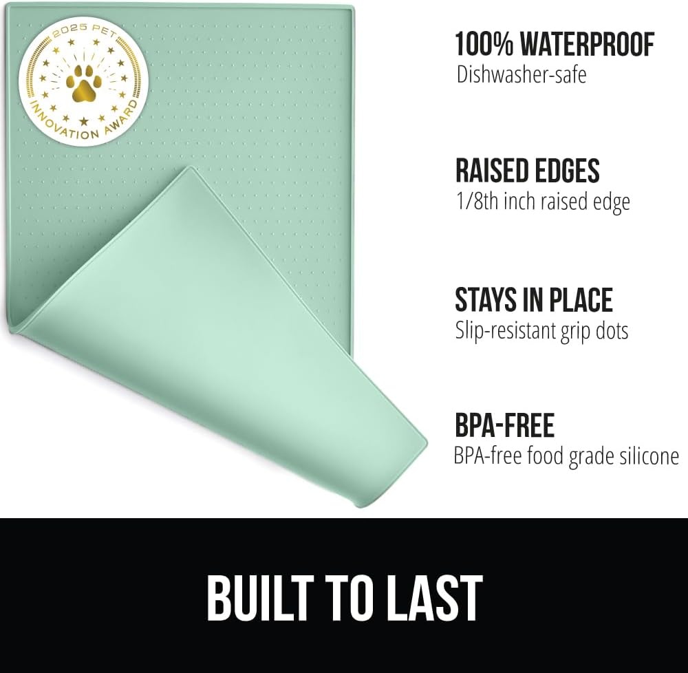 GORILLA GRIP 100% Waterproof Raised Edge BPA Free Silicone Pet Feeding Mat, Dog Cat Food Mats Contain Spills Protects Floors, Placemats for Cats and Dogs Water Bowl, Pets Accessories 16x10, Mint