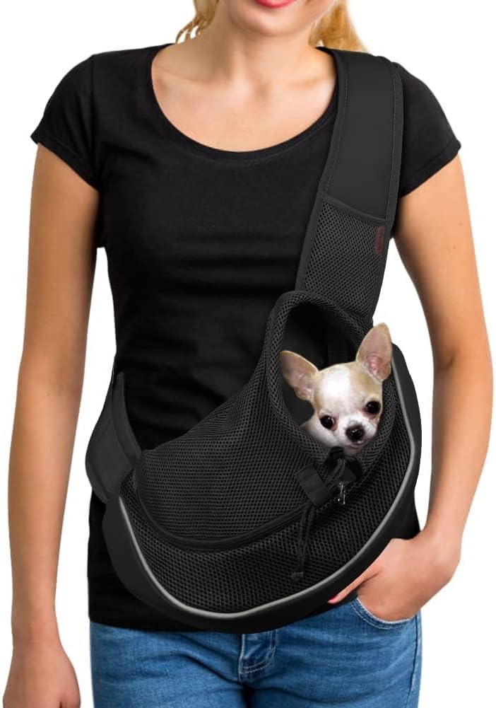 YUDODO Pet Sling Carrier for Small Dogs & Cats – Hands-Free Puppy Carrier with Safety Hook, Large Zipper Pocket, Soft Breathable Mesh, Adjustable Strap & Reflective Strip (Black 2.0 S)