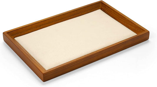 Oirlv Solid Wood Small Jewelry Tray Trade Showcase Countertop Jewelry Display Trays Rectangle Vanity Plate(Creamy-White, Small)