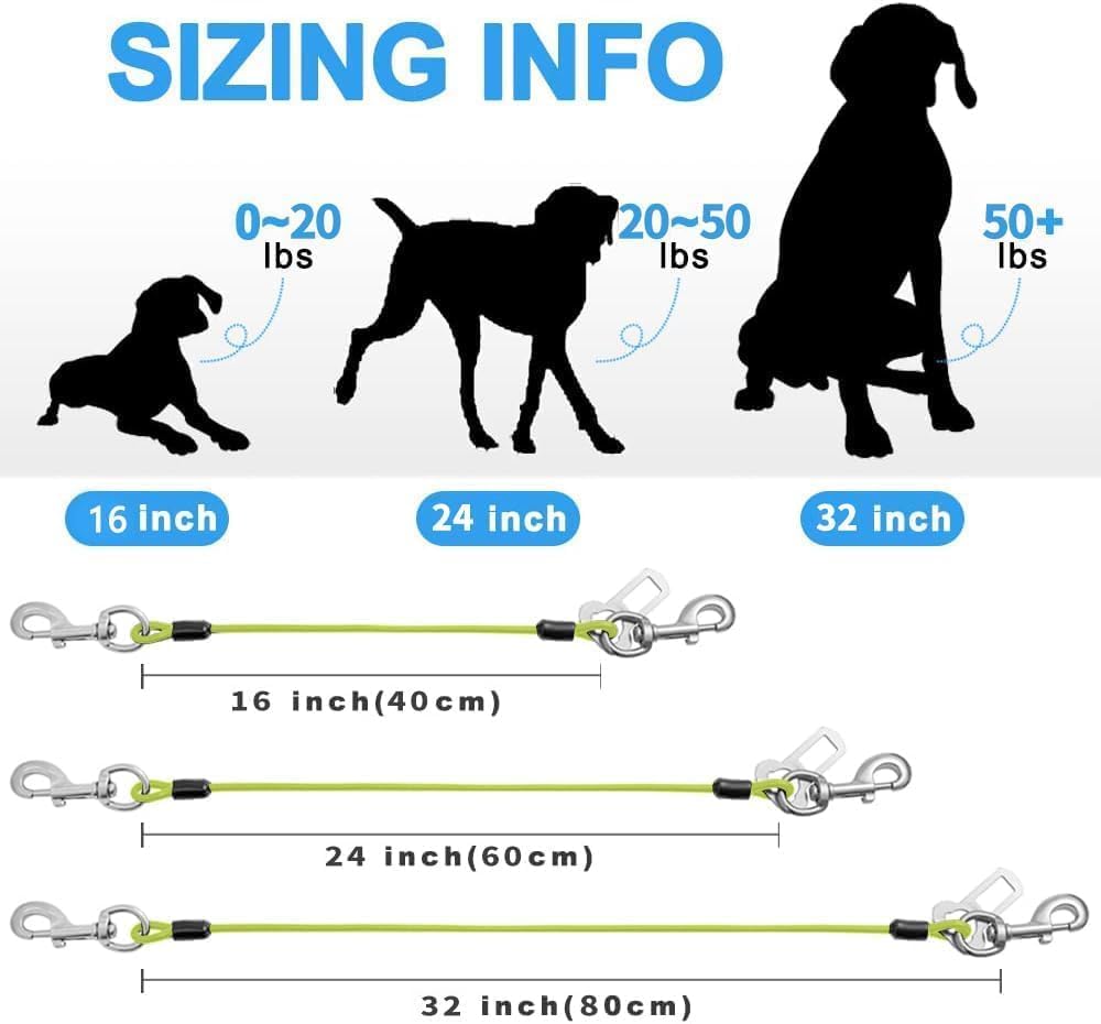 Dog Seat Belt Harness for Car,Dog Seatbelt of Coated Wire Leash Safety Restraint,No Chew Tether Cable Vehicle,Double Clips & Latch(Green, 24 inch/60 CM)