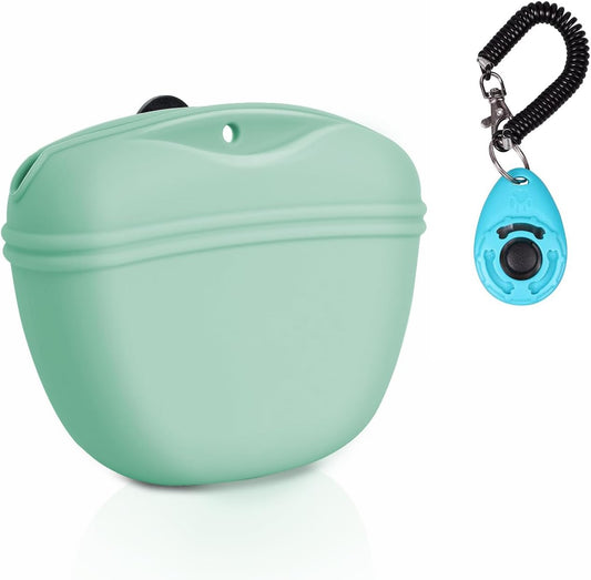 Left&Right Dog Clicker Training Kit,Silicone Dog Training Treat Pouch and Dog Clickers,Dog Treat Bag with Clicker Training for Dogs,Pet Treat Bag with Magnetic Buckle Closing and Waist Clip,Egg Green