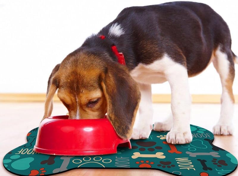 Dog Food Mats for Floors Waterproof, Pet Feeding Absorbent Water Bowl Mat Cat Placemats Green Bone Shape 19 * 12 inch