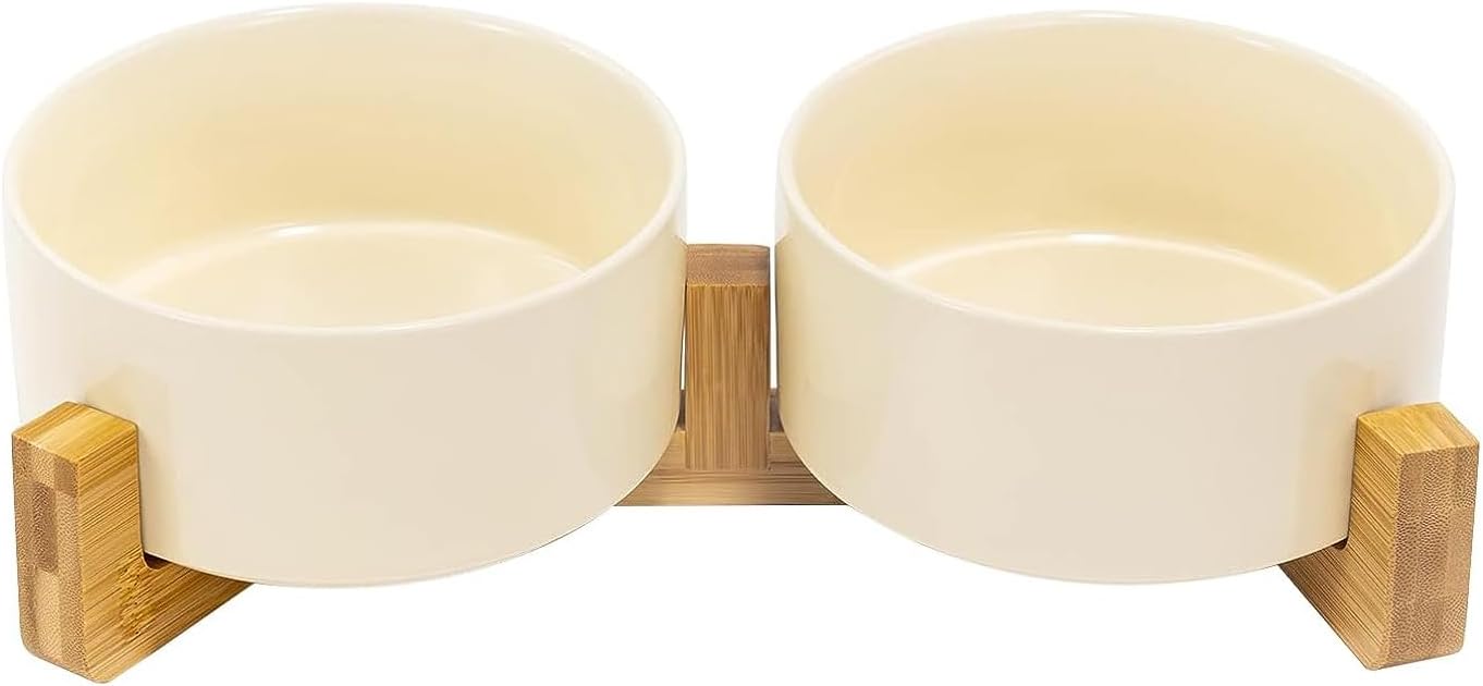 SPUNKYJUNKY Ceramic Dog and Cat Bowl Set with Wooden Stand, Modern Cute Weighted Food Water Set for Small Size Dogs (13.5OZ) & Medium Sized Dogs (28.7OZ) & Cats (3.6 Cups, 2 × Beige)