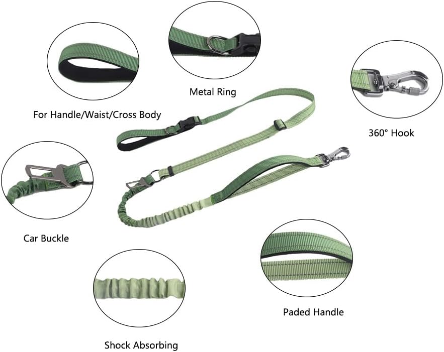 Hands Free Dog Leash for Large Medium Dogs Heavy Duty Bungee Reflective Adjustable Waist Leashes for Walking Running with Car Buckle 4-6FT (Green-1)