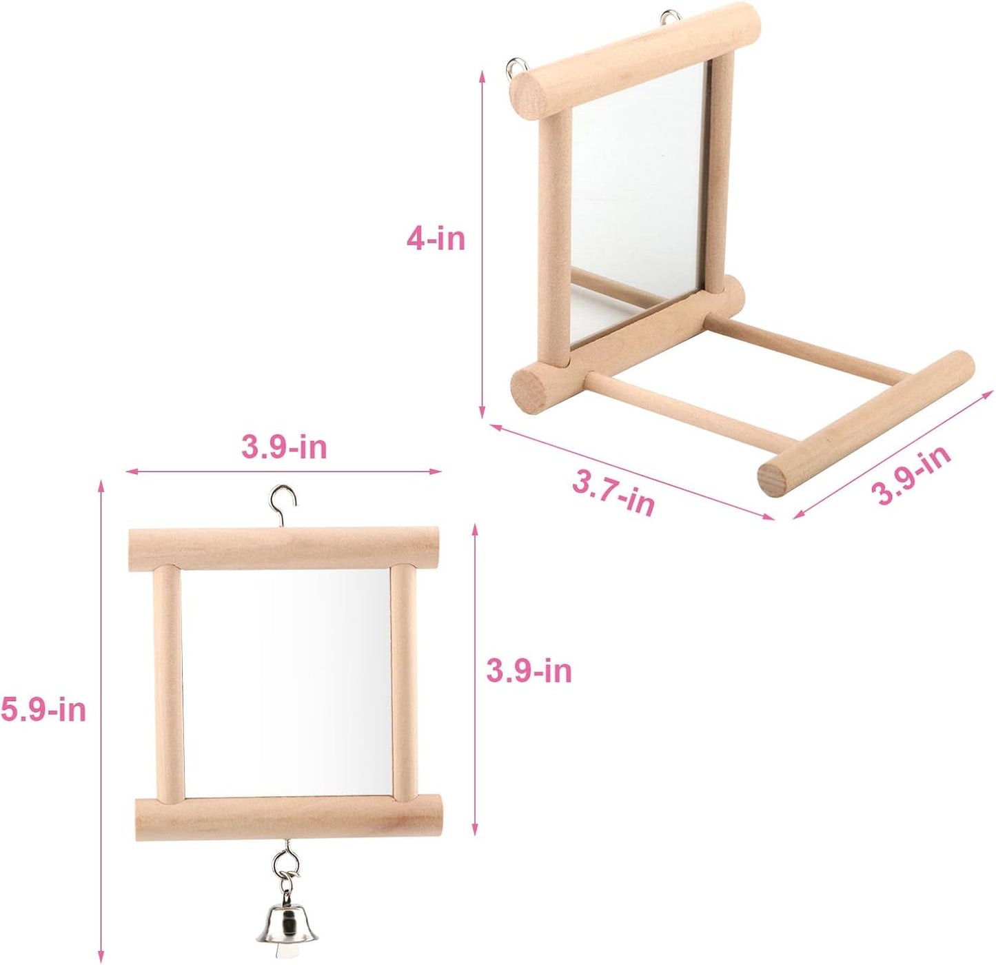 Wontee Bird Mirror Bird Toys for Budgies Parakeets Cockatiels Lovebirds Conures (Wood color-2pcs)