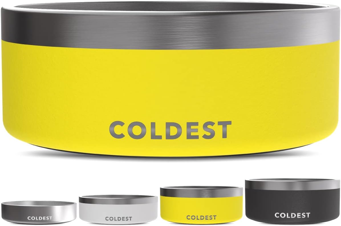 Coldest Dog Bowl - Anti Rust Metal, Non Slip, 3 Layers Insulated Stainless Steel Dog Bowls - Spill Proof & Heavy Duty - Water Bowl for Dogs, Cats & Pets, Dish Washer Safe (64 oz, Solar Yellow)