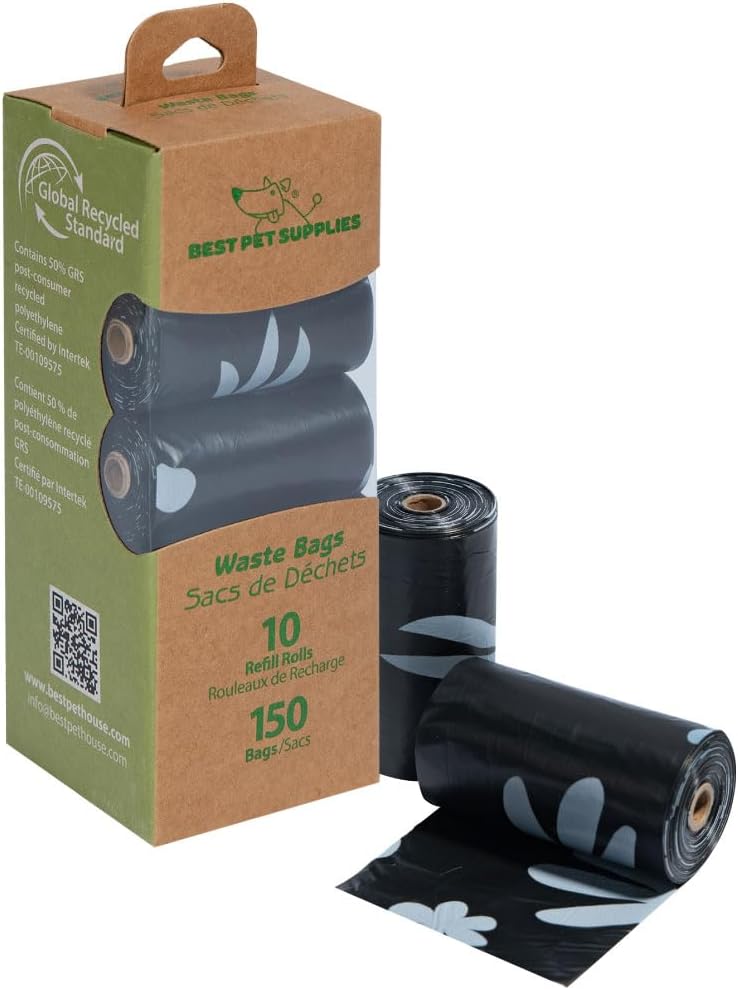 Best Pet Supplies Poop Bags for Dogs, 50% Post-Consumer Recycled Content dog waste bags on rolls, fits all poop bag holders for leashes - Black, 150 Count, Unscented