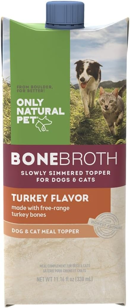 Only Natural Pet Bone Broth Turkey Flavor Dog & Cat Meal Topper, 100% Human-Grade Slow-Simmered, Free-Range for Dry Food or to Hydrate Dehydrated Food - (2-Pack / 11.16 oz Each)