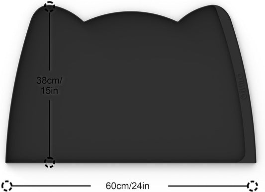 OHMO Dog Food Mat(Black, 24 * 15'') w/Residue Collection Pocket Silicone Pet Feeding Mat for Floor High Edges Anti Spills Waterproof Cat Water Bowl Tray, Easy Clean Placemat