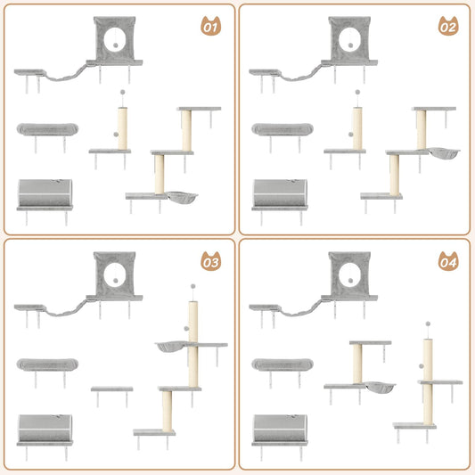 NUNU LAB Cat Wall Shelves Set, 7 Pcs Wall-Mounted Cat Climber with Cat House, Tunnel, Bridge, Scratching Post, Hammock, Wall Shelves, Gray