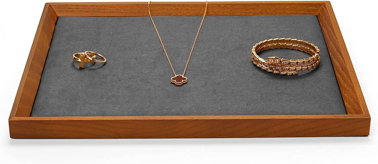 Oirlv Solid Wood Flat Jewelry Tray, Rectangle Jewelry Display Tray, Drawer Dresser or Nightstand Organizer, Microfiber Valet Tray, Catchall Tray(Grey, Large)