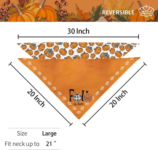 CROWNED BEAUTY Fall Dog Bandanas Reversible Large 2 Pack, Fall Pumpkin Set, Orange Adjustable Triangle Holiday Scarves for Medium Large Extra Large Dogs Boy Girl Pets DB187-L