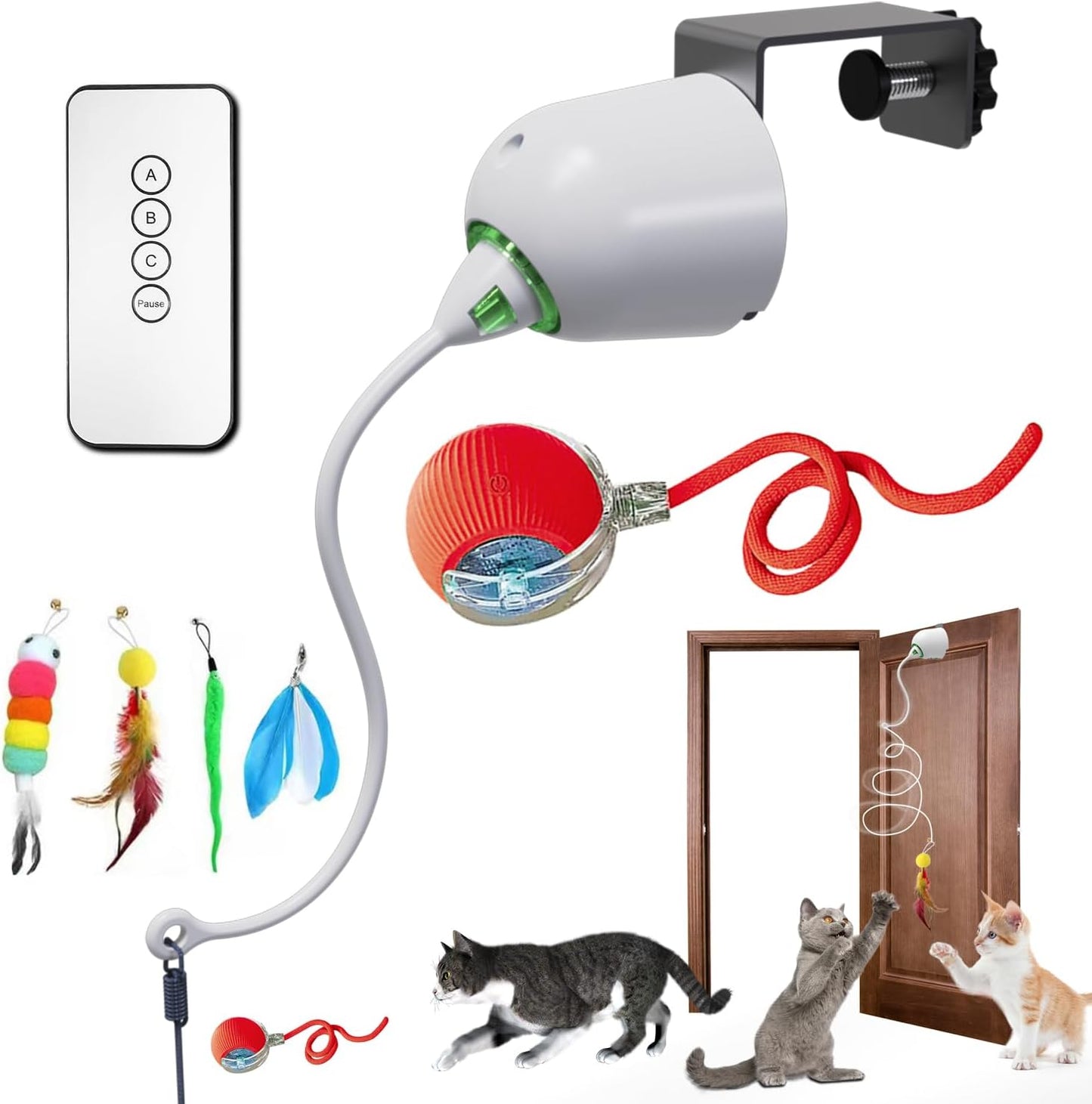 Cat Toys Hanging Door Electric and Moving Ball, Cats Toy Interactive for Indoor for Bored Feather Toys Kitten Rechargeable Door Hanging Automatic Retractable String（White）