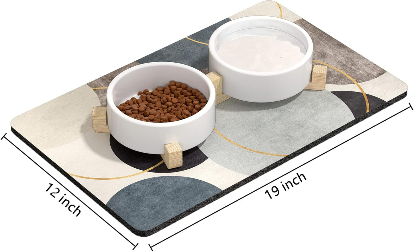Rnivvi Dog Food Mat, 12" x 19" Boho Absorbent Dog Cat Bowl Mat for Food and Water, Cute Anti-Slip Rubber Pet Feeding Rug Protect Floors, Puppy Placemat for Feeding & Watering Supplies, Abstract Circle