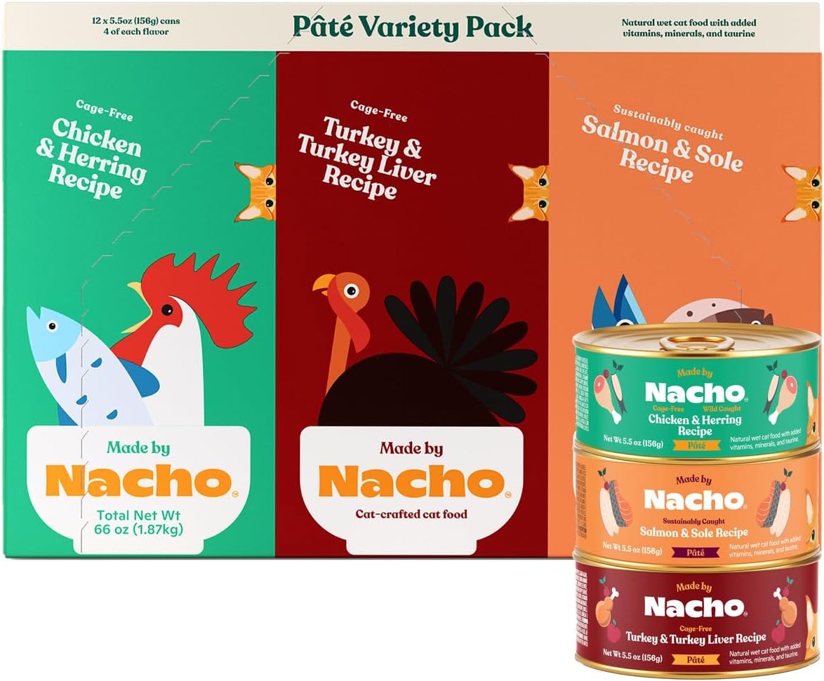Made by Nacho Pate Wet Cat Food Variety Pack, Chicken, Salmon, and Turkey, 5.5 Ounce Cans, Grain-Free Canned Pet Food, Bone Broth Infused for Hydration, Limited Ingredients, 12 Pack