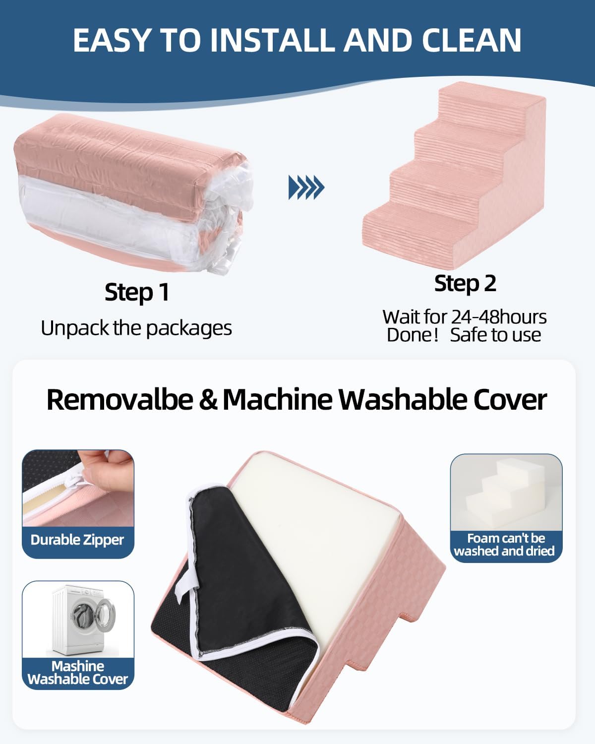 Dog Stairs for Small Dogs,22" H,5-Step Dog Steps for Bed and Couch with High Density Foam,Non-Slip Pet Steps for Doggy and Cat,Pet Stairs with a Washable Cover,Pink