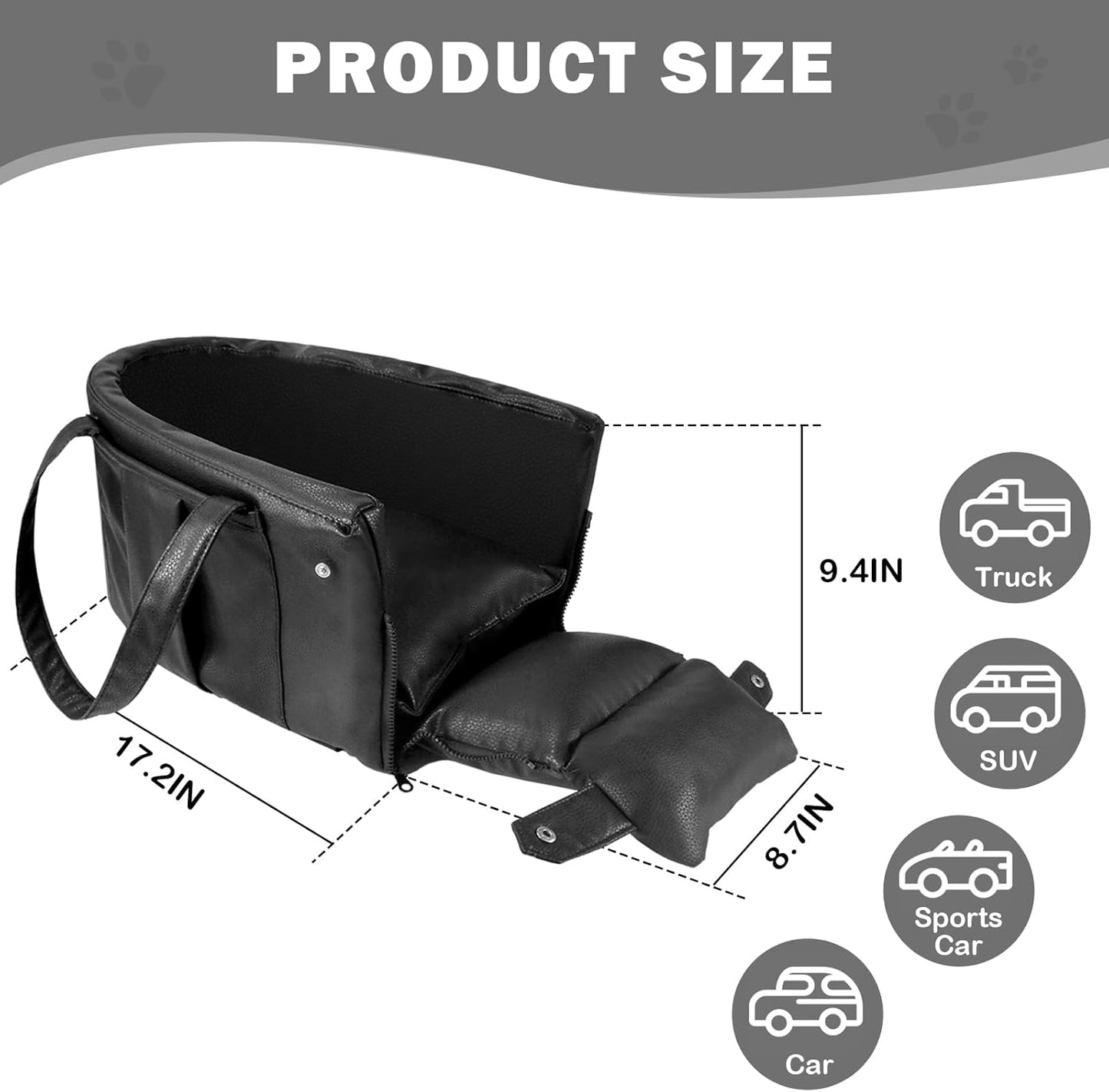 2 and 1 Center Console Dog Car Seat & Carrier for Small Dogs, Large Leather Dog Car Bed with Storage Pocket, Waterproof PVC Leather Seat Travel Bed for Front & Back Seat, Clip-On Safety Leash