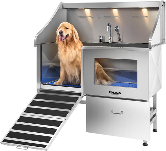 polimo Dog Washing Station, LED Professional Stainless Steel Dog Bathing Station 50", Dog Grooming Tub for Large, Medium & Small Dog - with Window, Ramp, Drawer, Floor Grate & Faucet (Left RAMP, 50")