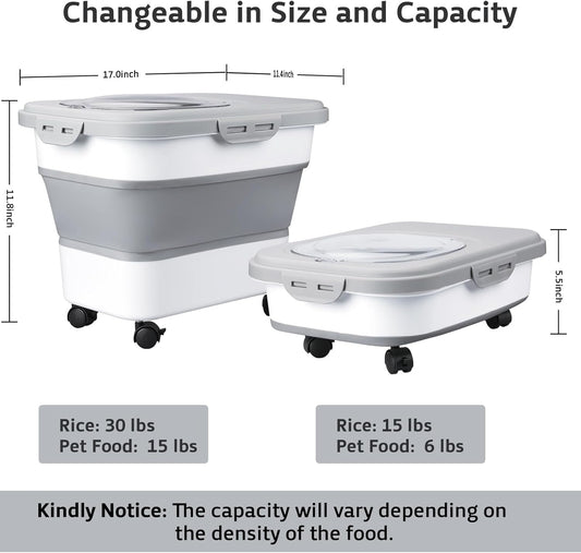Rice Storage Containers, Collapsible 20 to 30Lbs Food Storage Bin Dispenser with Rolling Wheel and Clear Airtight Lid, BPA Free Flour, Sugar, Cereal and Dog Cat Pet food Containers