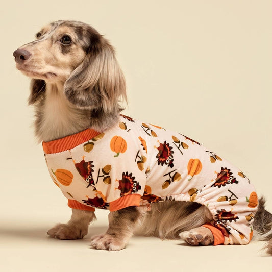 Fitwarm Thanksgiving Turkey Dog Pajamas, Funny Dog Winter Clothes for Small Dogs Girl Boy, Pet Jumpsuit, Cat Onesie with Feet, Lightweight Velvet, Orange, XXL