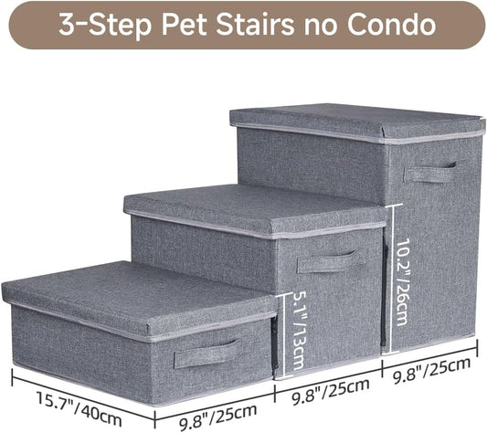 Pet Stairs with Storage, Pet Step for Small Dogs and Cats, 3-Step Folding Pet Steps with Zip, Cat Stairs Dog Steps for Bed, Couch and Car Ramp (Gray, 3 Steps no Condo)