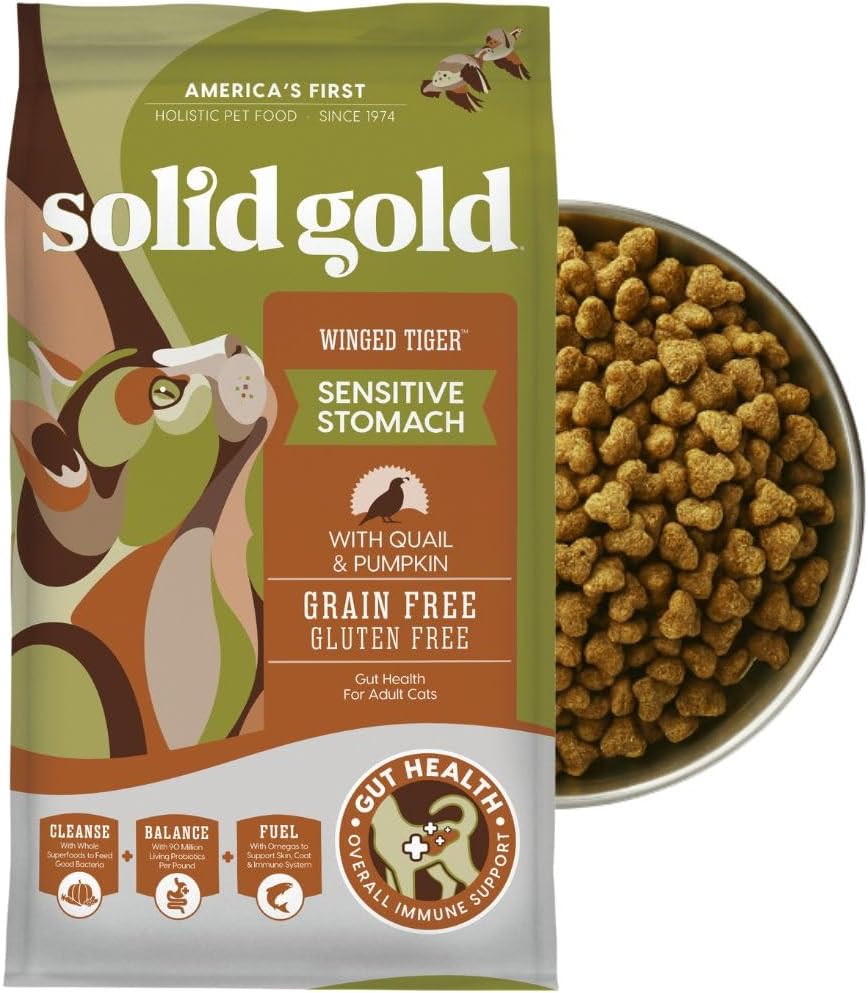 Solid Gold Sensitive Stomach Dry Cat Food - Grain Free & Gluten Free Sensitive Stomach Cat Food for Indoor Adult & Senior Cats - Dry Kibble for Cats w/Quail, Pumpkin & Probiotics for Gut Health - 3lb