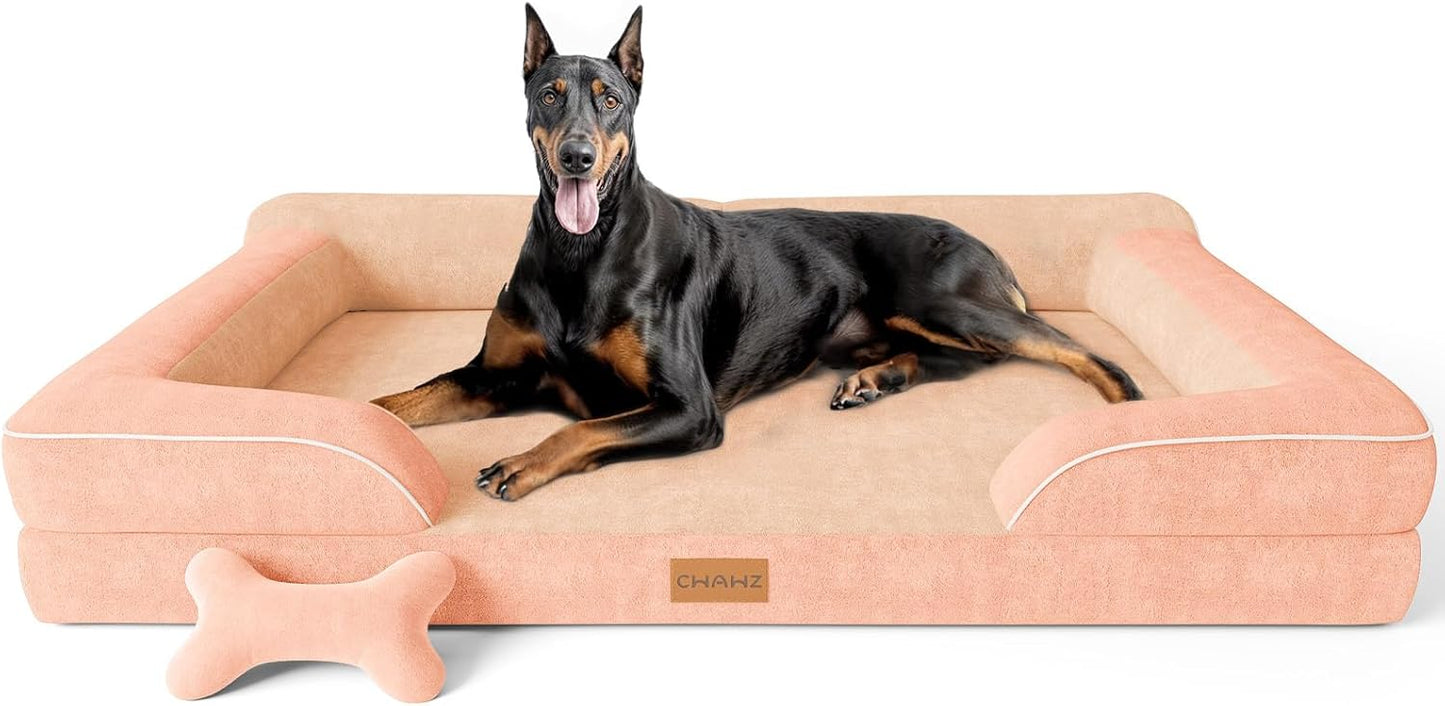 XXL Dog Bed for Extra Large Dogs, Giant Orthopedic Dog Bed with Cooling Gel Memory Foam, Waterproof Pet Bed with Removable Washable Cover, 53" Pet Sofa bed Dutch Velvet with Bone Toy, Peach Pink