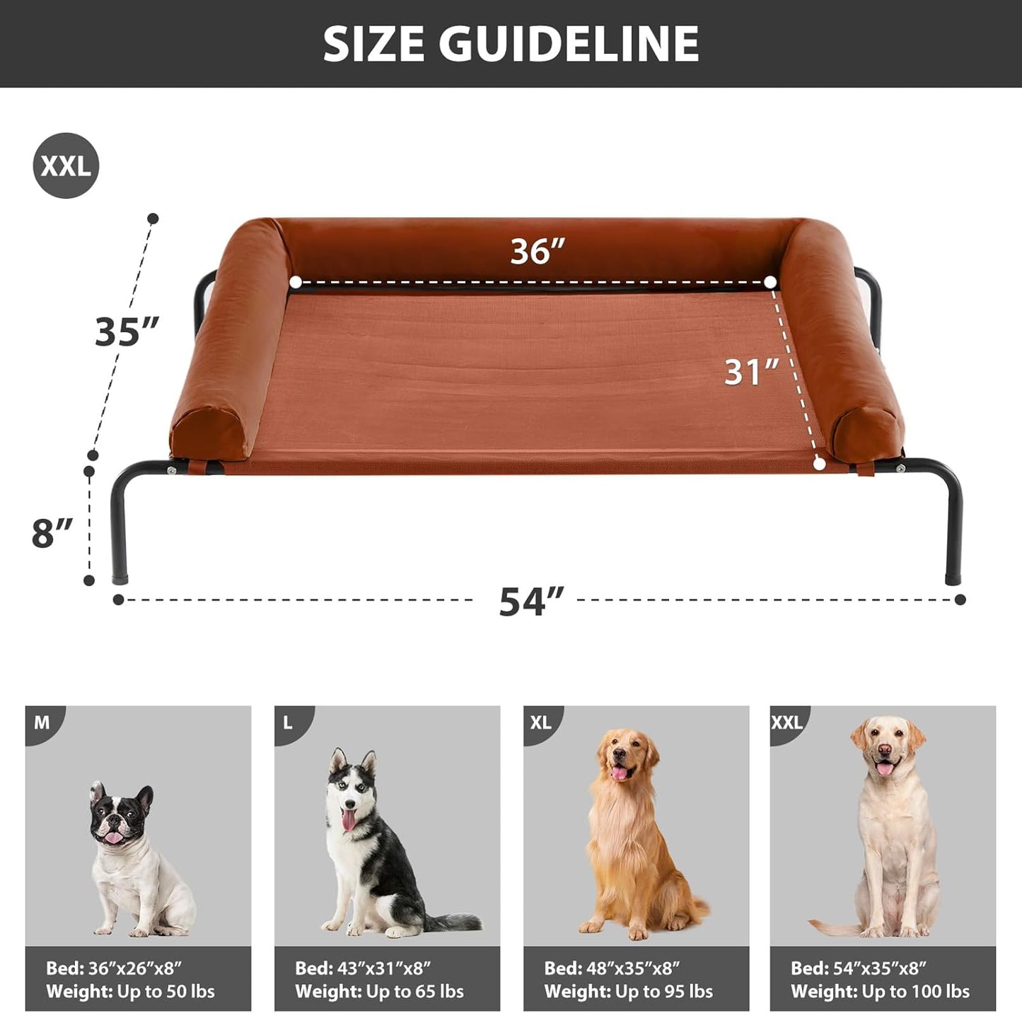 RRPETHOME Large Elevated Cooling Dog Bed, Raised Cot Beds for Large Dogs, Elevated Outdoor Dog Bed, Chew Proof Portable Cooling Pet Cot with Skid-Resistant Feet and Breathable Mesh