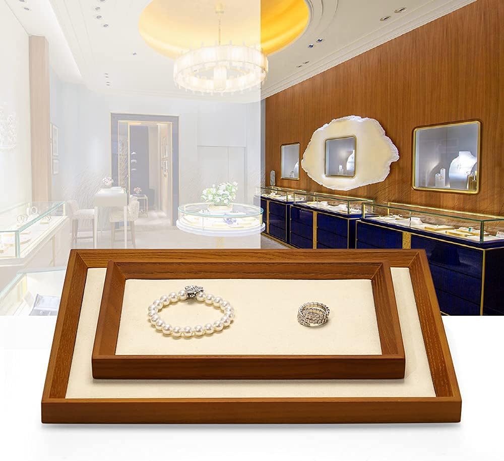 Oirlv Solid Wood Flat Jewelry Tray, Rectangle Jewelry Display Tray, Drawer Dresser or Nightstand Organizer, Microfiber Valet Plate, Catchall Plate(Creamy-White, Large)