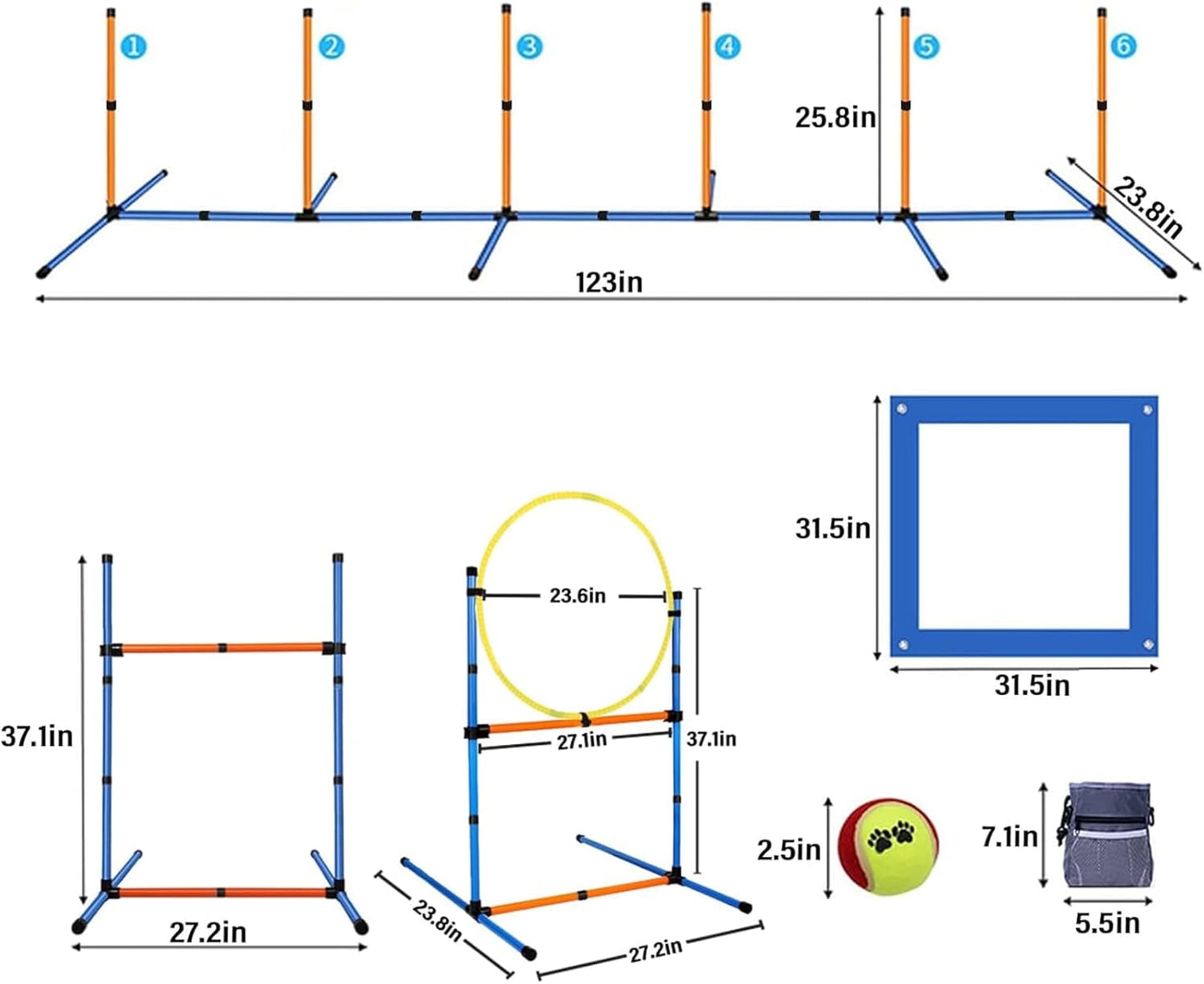 PLKO Dog Agility Equipment Set, Training Starter Kit Dog Obstacle Course,8 Weave Poles, Adjustable Hurdle, Jump Ring, Pause Box and Carrying Bag(Style C)