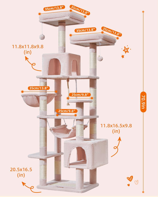 Taoqimiao Cat Tree, 71-Inch Cat Tree Cat Tower for Indoor Cats, Plush Multi-Level Cat Condo with 10 Scratching Posts, 2 Perches,Basket, 2 Caves,Hammock, 2 Pompoms,MS020P Jelly Pink