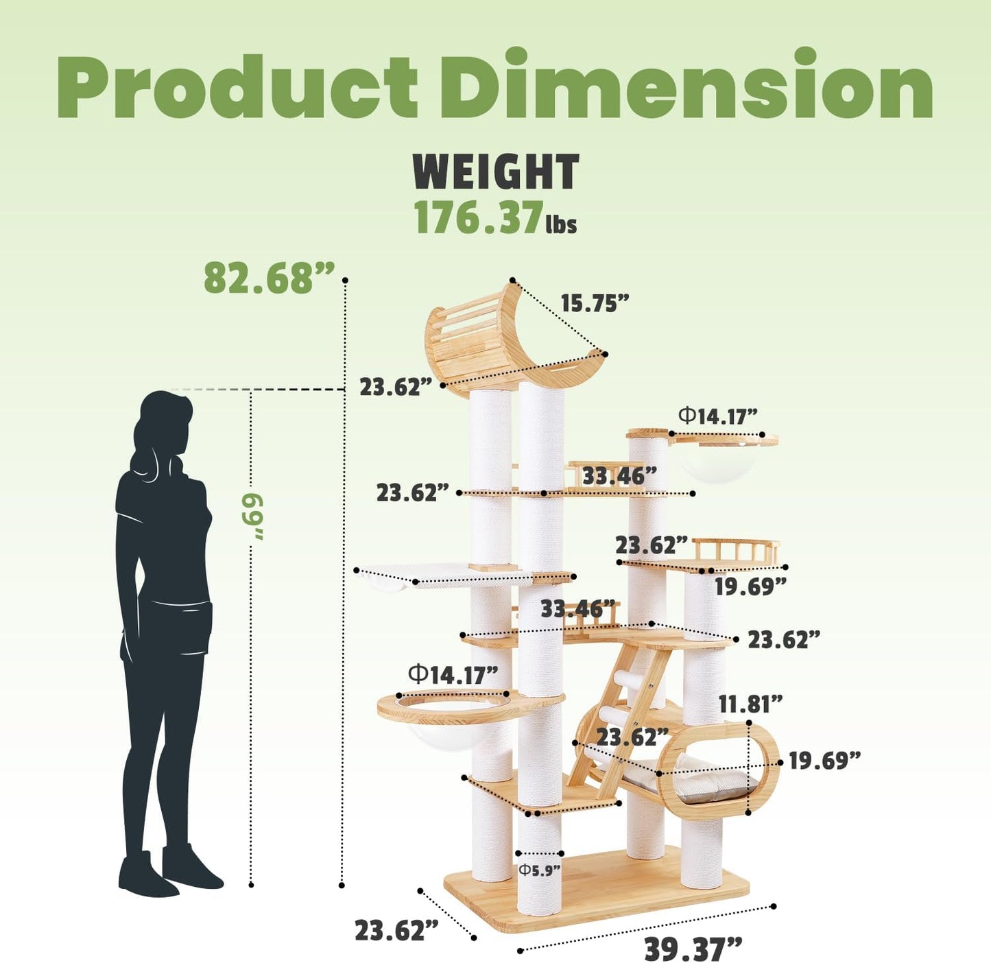 82.7'' Large Cat Tree, Modern Cat Tower with Scratching Post, Luxury Cat House, Wood Cat Tree for Indoor Cats Large Adult, Multi-Level Activity Center with Hammock, Clear Bowl, Semi-Closed Condo