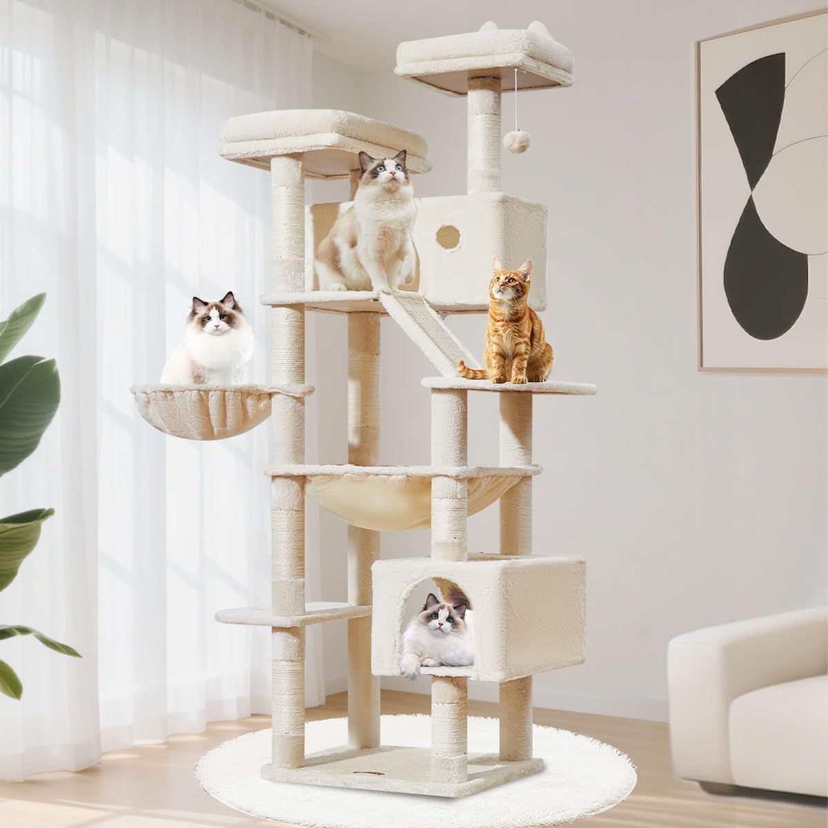 Taoqimiao Cat Tree 71-Inch, Cat Tower for Indoor Cats Large Adult, Multi-Level Large Cat Condo, 8 Sisal Scratching Posts, Metal Frame Cozy Hammock, Scratch Board, 2 Top Perches, Beige MS026LM