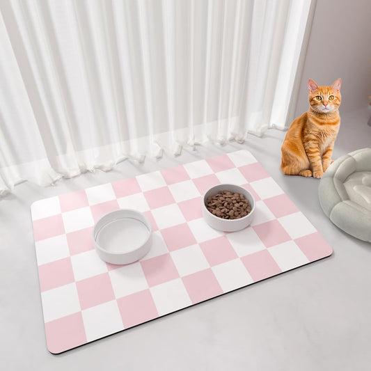 Checkered Dog Cat Feeding Mat, 17'' x 28'' Large Dog Food Mats, Absorbent Pet Feeding Mat for Food and Water Bowl, Dispenser, Checkerboard Pet Placemat with Rubber Backing, Pink & White