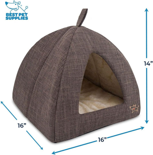 Best Pet Supplies Pet Tent-Soft Bed for Dog and Cat Brown Linen, 16" x 16" x H:14"