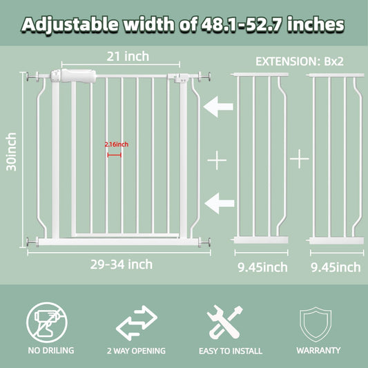 TSAYAWA Walk Through Baby Gate with Door, 48.1-52.7 Inch Wide Presure Mounted No Drill Metal Auto Close Child Gate for Stair Doorway - Indoor Outdoor Safty Gate for Toddler Dog Doggie, White