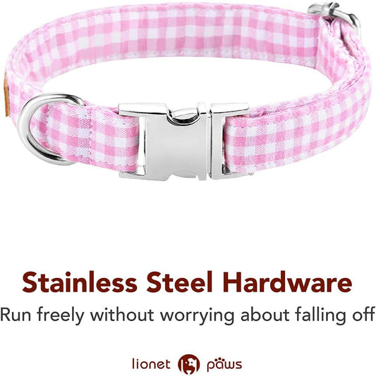 Lionet Paws Dog Collar with Bowtie, Comfortable Adjustable Cute Pink Gingham Bow Tie Collar for Female Dogs Gift, Large, Neck 16-24 inches