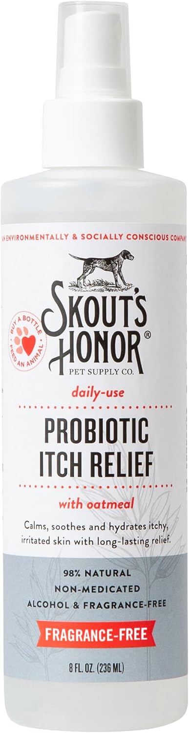 SKOUT'S HONOR Probiotic Itch Relief Spray for Pets - Non-Medicated, Fragrance-Free, Natural, Vegan, Long-Lasting Relief, with Soothing Aloe & Avocado Oil, 8 oz